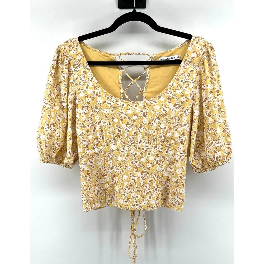 Abercrombie & Fitch Linen Cropped Shirt Lace Up Back Size M Boho Floral
